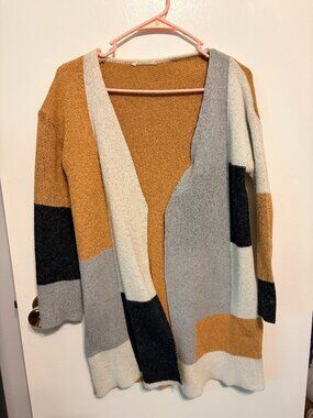 Cloudwalk Colorblock Open Front Cardigan Medium Mustard Yellow Grey Sweater